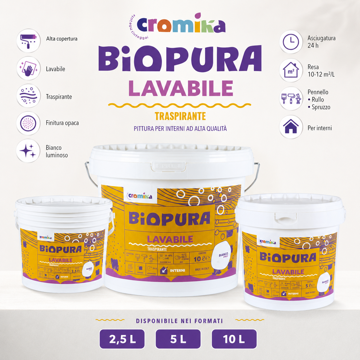 Cromika BIOPURA Lavabile pittura traspirante per interni ad alta copertura, finitura opaca e bianco luminoso, disponibile nei formati 2,5 L, 5 L e 10 L